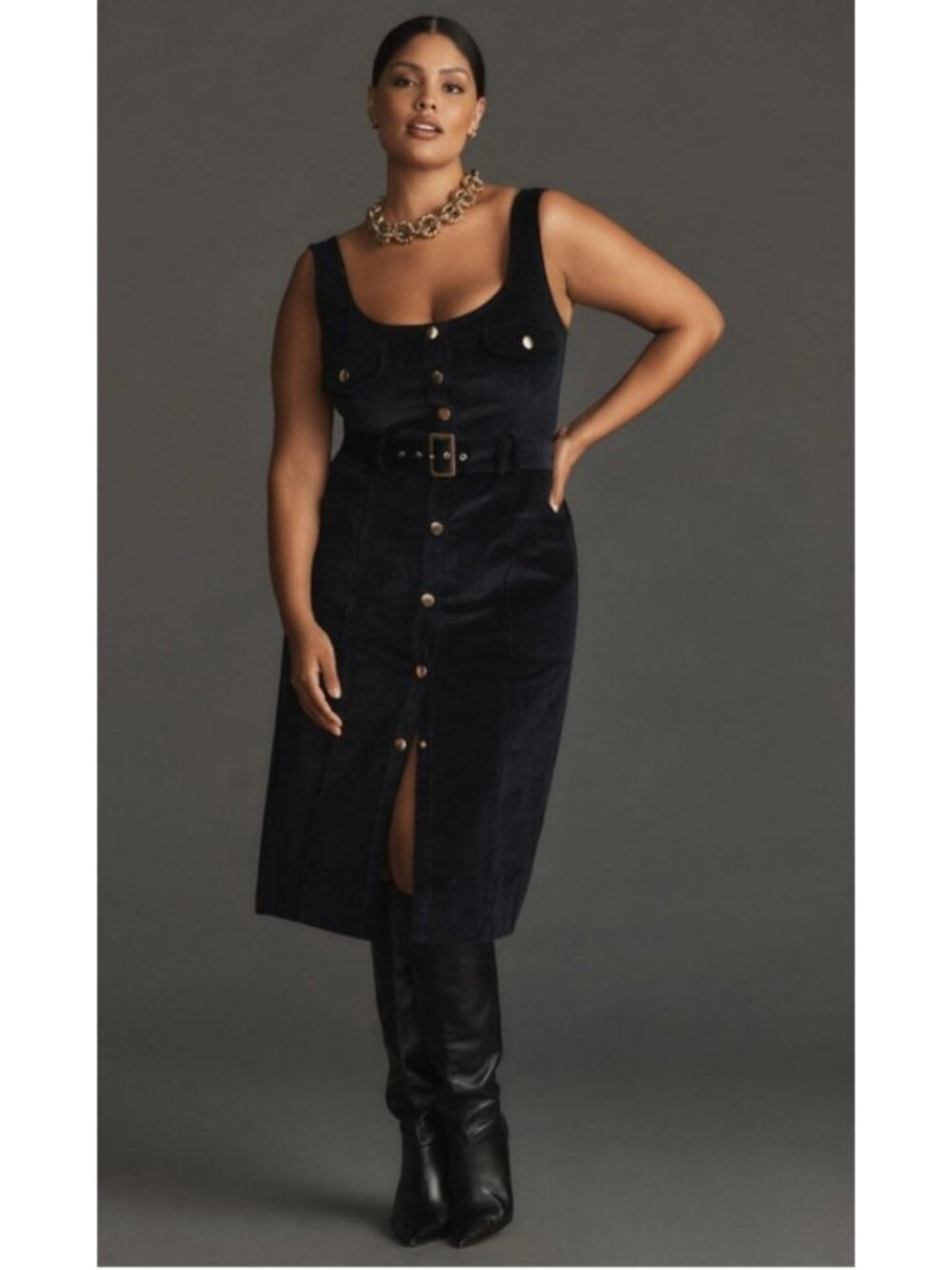 Maeve Anthropologie Navy Velvet Corduroy Belted Midi Dress Button Front Sze 12